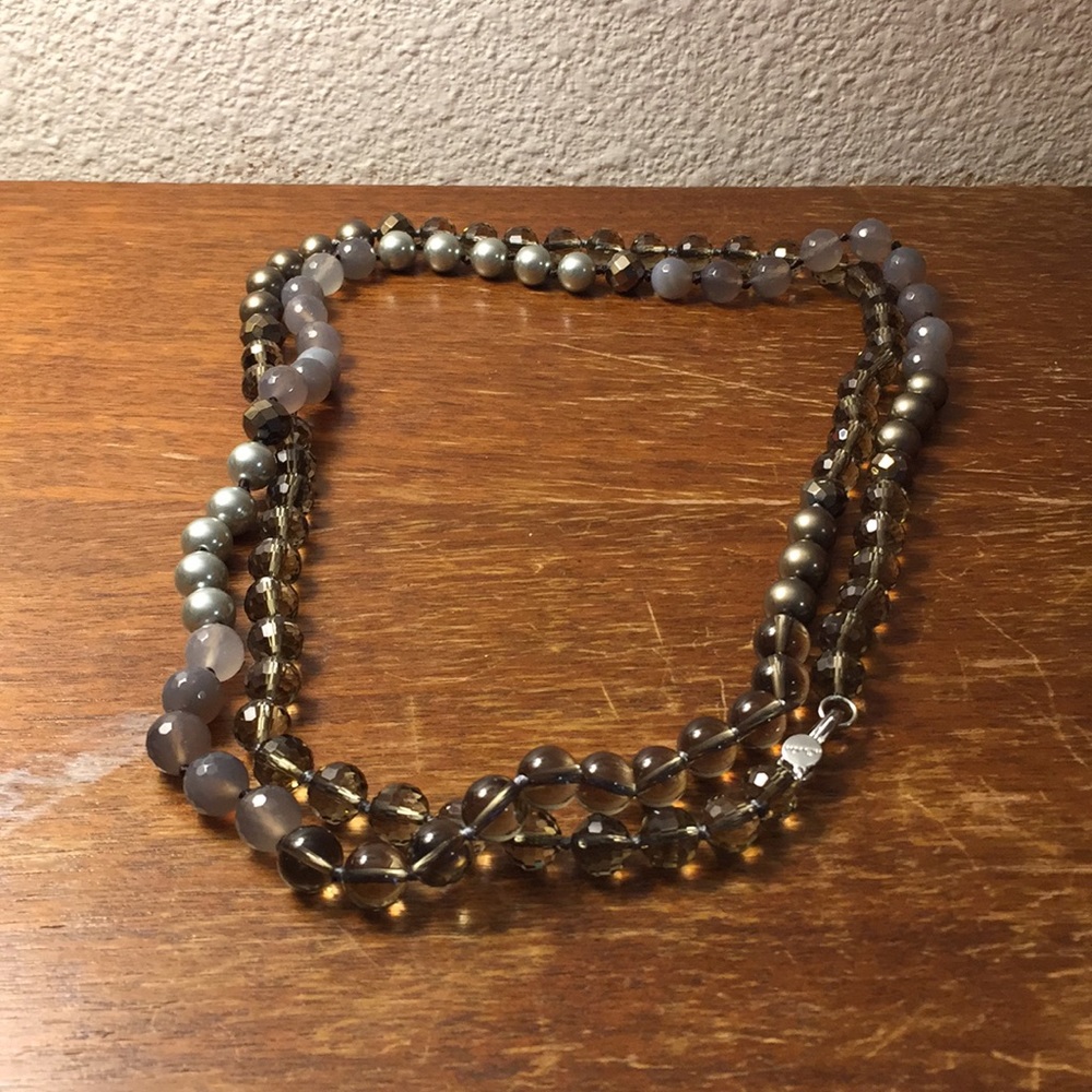 Stella & Dot Multi-Strand Smoky Gray and Gold Beaded Necklace